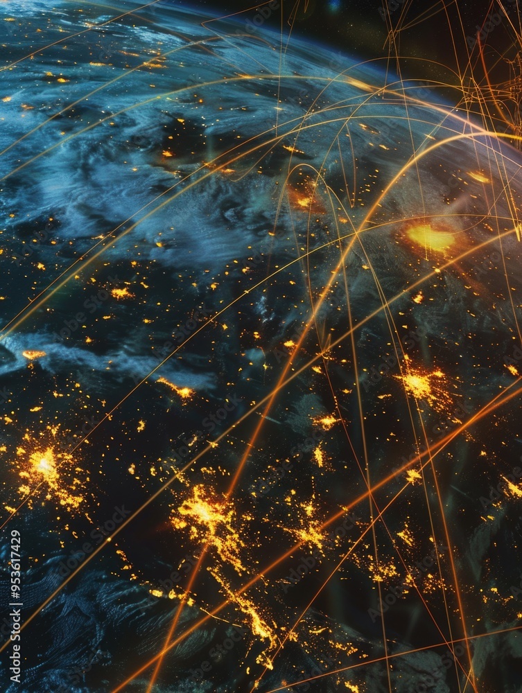 Poster a planet with a lot of lines and dots on it
