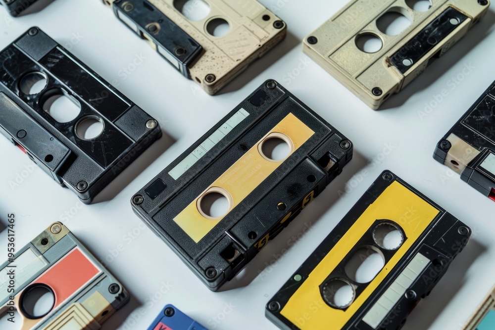 Poster a collection of old-fashioned cassette tapes are laid out in a row. the tapes are of various colors 