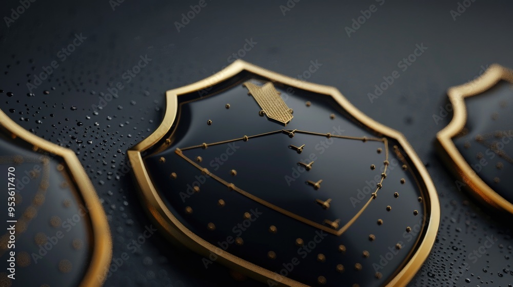 Poster three gold and black shields are shown in a close up. the shields are shiny and have a metallic look