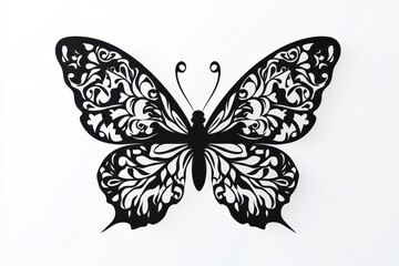 A decorative black silhouette of a butterfly with intricate floral patterns.