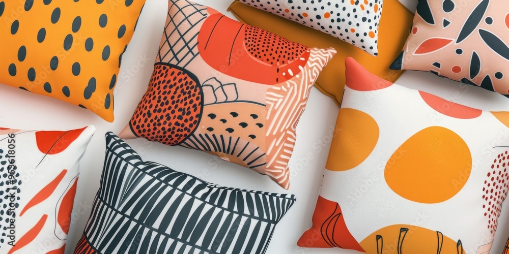 Poster a collection of pillows with various patterns and colors, including a few with a tree design. the pi