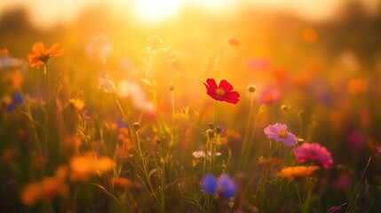 Obraz premium Vibrant Blooming Flowers at Sunset Glow