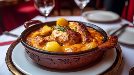 Spanish Heritage Month: Traditional Braised Lamb and Potatoes in Elegant Pot, Celebrating Community at Majestic Spanish Architecture Venue"
