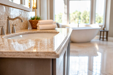 Gros plan sur un comptoir en marbre vide dans une salle de bains lumineuse