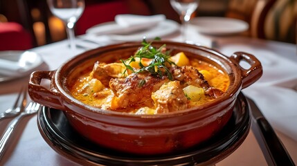 Spanish Heritage Month: Traditional Braised Lamb and Potatoes in Elegant Pot, Celebrating Community at Majestic Spanish Architecture Venue"
