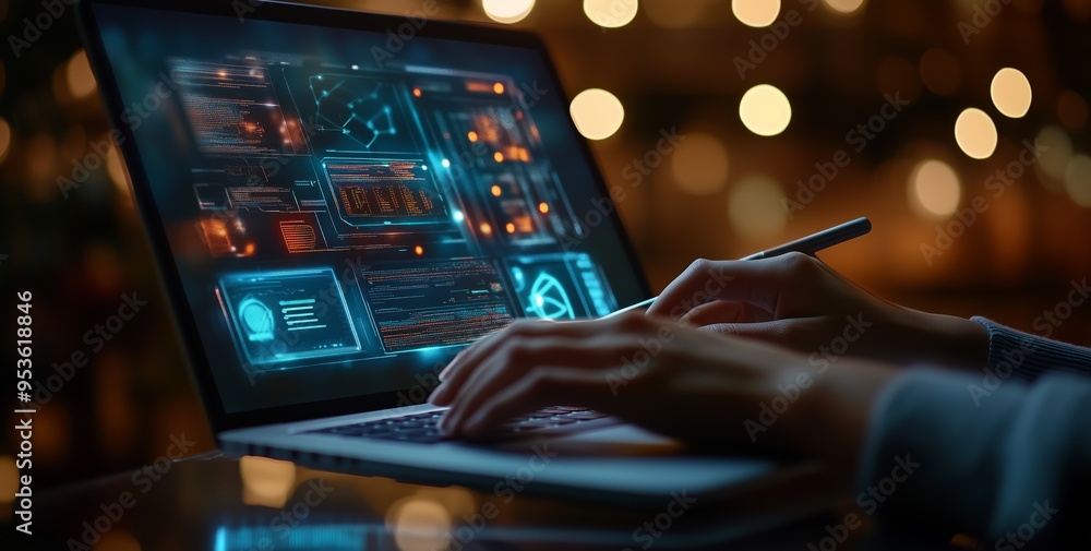 Poster An Innovative HighTech Business Workspace with an Advanced Laptop Interface to boost productivity and collaboration, utilizing cuttingedge technology and analytics for efficient operations