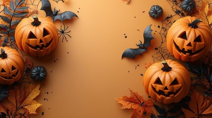 A happy Halloween decoration with pumpkins, leaves and spider webs on cream background. Autumn holiday concept composition and mockup. Top view with copy space.