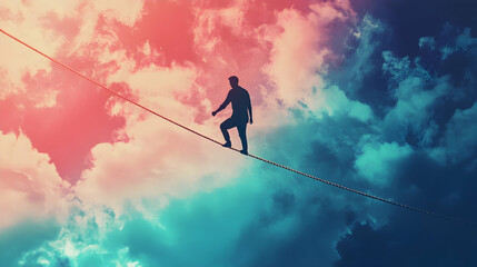 Emotional intelligence, balance emotion. Man walk thin rope with bad and good emotions.