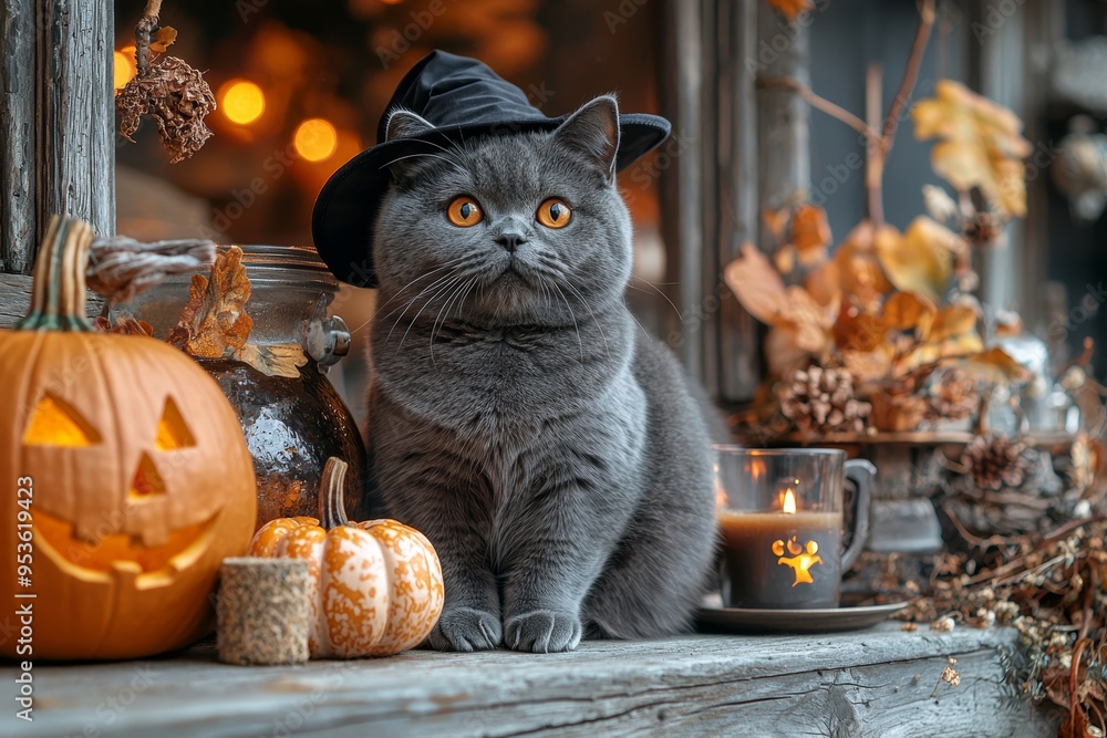 Poster The witchy hatted cat doing some spells with pumpkins and candles in a Halloween scene.