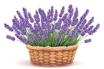 Vibrant Vector Illustration of Lavender Flowers in Wicker Basket on White Background - Flat Color Style Clipart