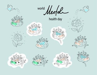 Vector world mental health day poster doodle hand drawn  illustration. Mental Health care concept. Poster, Banner, Flyer, Template. Mental health day awareness. Mental illness is a health problem