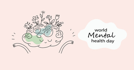 Vector world mental health day poster doodle hand drawn  illustration. Mental Health care concept. Poster, Banner, Flyer, Template. Mental health day awareness. Mental illness is a health problem