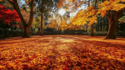 Fototapeta premium Beautiful yellow red and orange leaves in an autumn park 