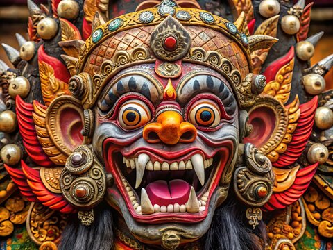 A dramatic mask of Rangda, the demonic queen of the Leyak in Balinese mythology, featuring sharp fangs, bulging