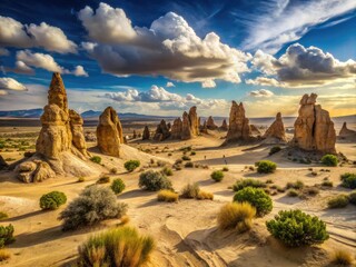 Naklejka premium A Dusty Deserted Landscape With Tall Rock Structures And Arid Vegetation