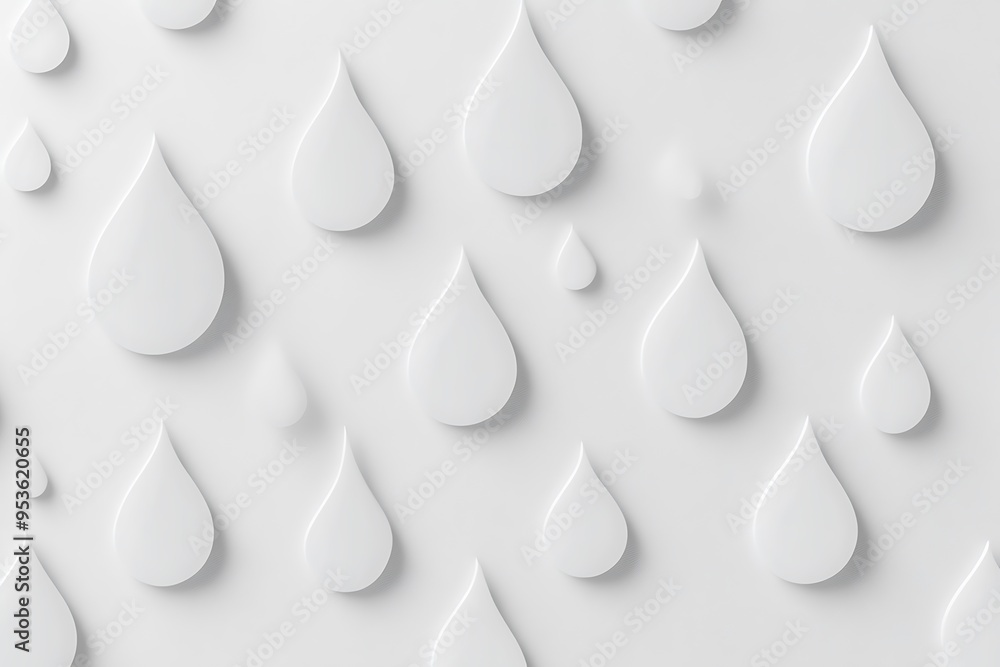 Poster minimalist white cartoon raindrops on light gray background - flat design with simple shapes and col