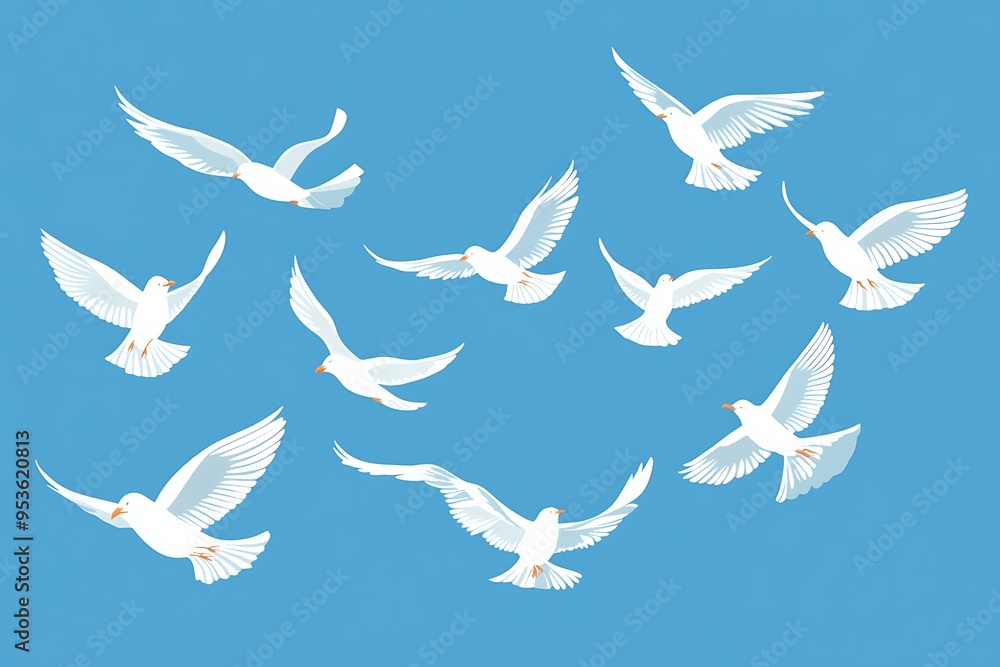 Aufkleber Minimalist White Vector Cartoon Birds on Sky Blue Background - Flat Design with Simple Shapes and Color Blocks