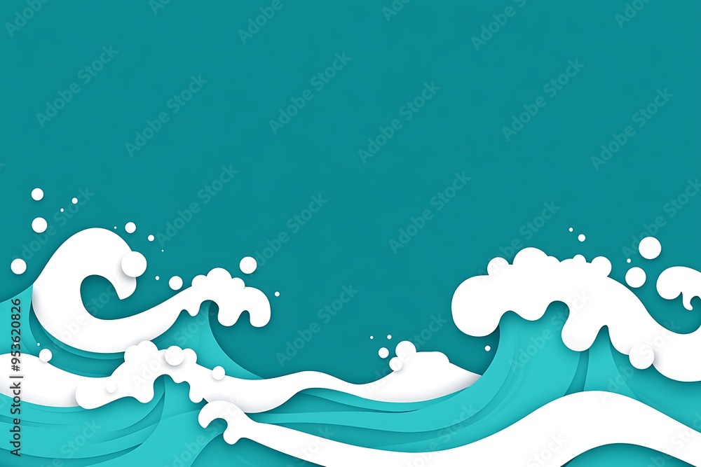 Poster serene white vector waves on turquoise background, modern flat design with simple shapes and color b