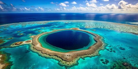 Aerial view from space of the Great Blue Hole, a stunning underwater sinkhole in the Lighthouse Reef Atoll,