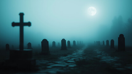 A row of tombstones in a misty graveyard, with a full moon shining in the sky. Copy space on the left.