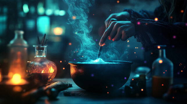 A witch stirring a bubbling cauldron, with potion ingredients and glowing lights around her. Copy space on the left.