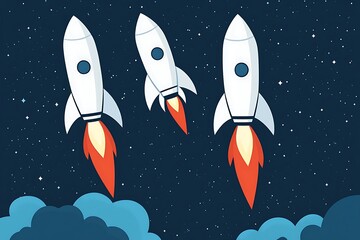 Minimalist White Rocket Illustrations on Midnight Blue Background in Flat Design Style