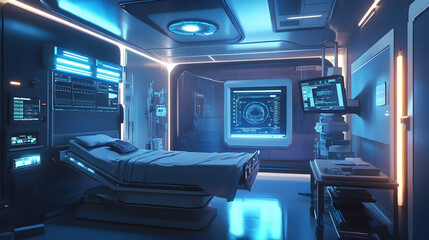 Futuristic hospital room with high tech AI technology equipment. Generative AI.