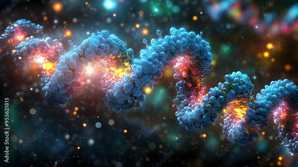 Poster a close-up of a dna double helix against a dark background with a colorful bokeh effect.