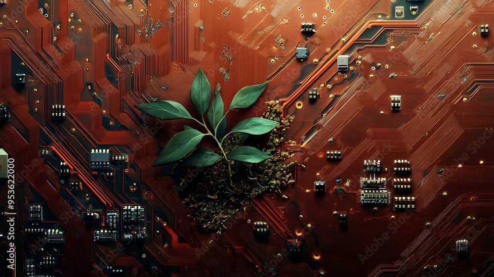 Poster generative ai illustration of digitally created image of ree with foliage growing from a circuit boa