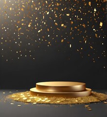 Premium product 3d podium stand with golden confetti falling. Award winner stage. Empty display scene mockup with sparkles vector template Generative AI

