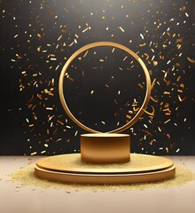 Premium product 3d podium stand with golden confetti falling. Award winner stage. Empty display scene mockup with sparkles vector template Generative AI

