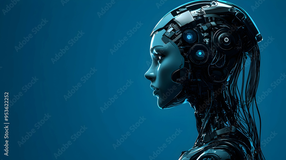 Poster ai image of side view of robot female on blue background while created with futuristic technology