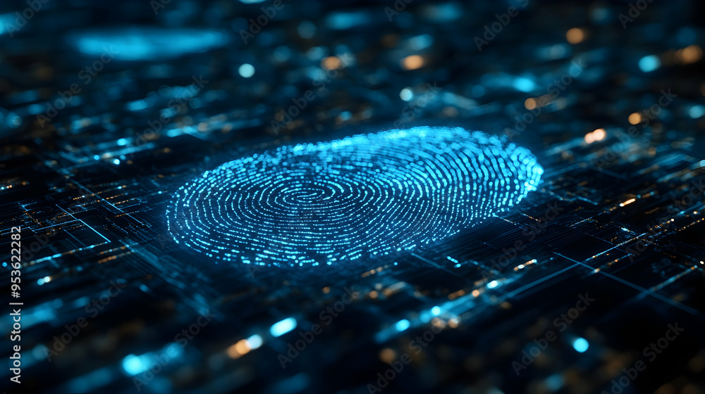 Poster generative ai image of digital finger print scan in blue glowing lights for forensic data and person