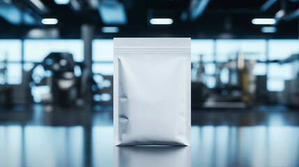 Naklejka premium A pristine white stand-up pouch mockup displayed against a blurred industrial background, with subtle metallic textures and machinery shapes creating a modern, sleek environment.
