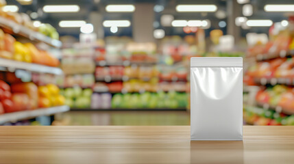 A pure white stand-up pouch mockup showcased in front of a blurred grocery store aisle, where colorful produce and packaging softly fade into the background.