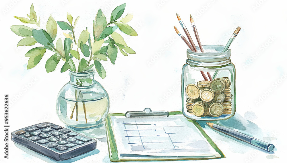 Poster a jar of coins sits on a table next to a calculator and a clipboard