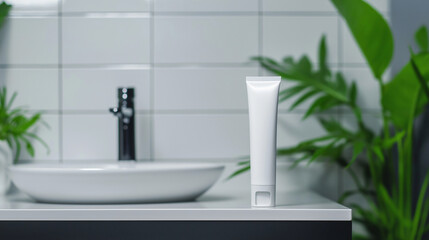 A plain toothpaste tube mock-up resting on a neatly organized bathroom shelf, with a minimalist background showcasing matte white tiles and a simple, modern sink.