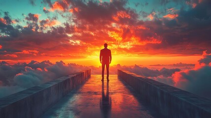 Fototapeta premium A visionary entrepreneur standing on a bridge at sunset, symbolizing the connection between hope, creativity, and the positive mentality needed for business success