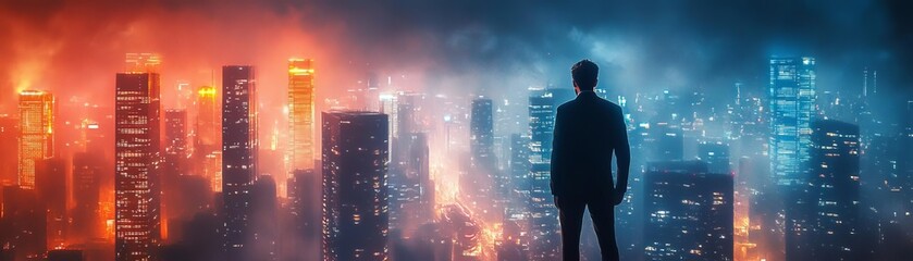 Obraz premium A visionary leader standing in front of a futuristic city skyline, the glowing buildings representing the hope and creativity driving their business vision
