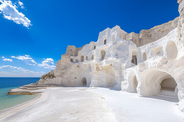 Stunning white cliff dwellings carved into rock formations, overlooking the sea under a bright blue sky