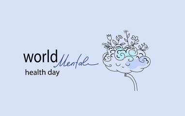 Vector world mental health day poster doodle hand drawn  illustration. Mental Health care concept. Poster, Banner, Flyer, Template. Mental health day awareness. Mental illness is a health problem