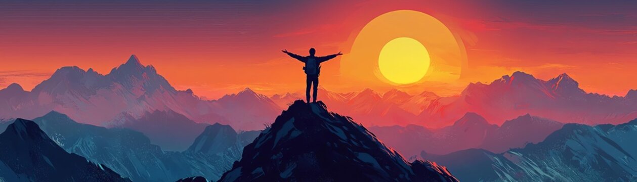 An optimistic entrepreneur standing on a mountain peak at sunrise, arms outstretched towards the horizon, symbolizing a hopeful mentality for future business ventures
