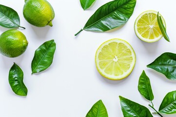 The freshness of ripe, juicy lemons alongside orange and green leaves against a radiant yellow backdrop