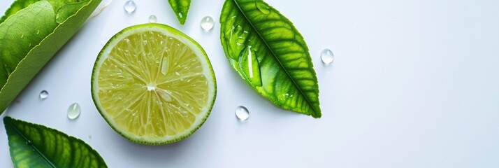 Lime and its leaves on a white backdrop One lime cut in half, the other shaped as a heart