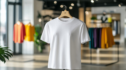 A plain t-shirt mockup displayed on a mannequin in a well-lit clothing store, with colorful garments and stylish decor in the background, making the t-shirt the focal point of the