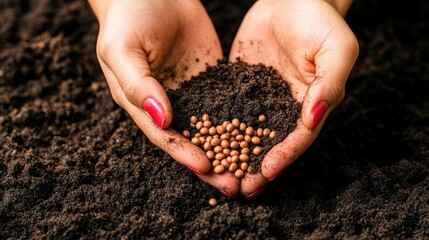 Seeds falling from hands into soil, close-up, start of agricultural journey
