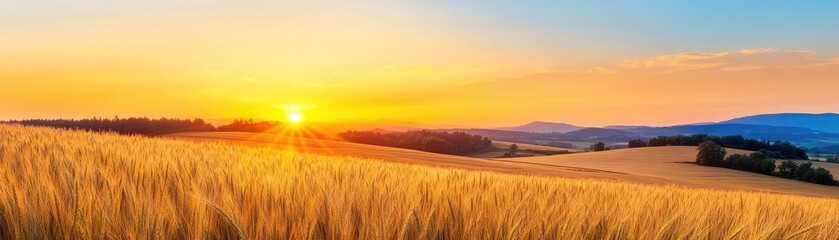 Obraz premium Rural landscape bathed in golden sunset, serene fields, peaceful stillness
