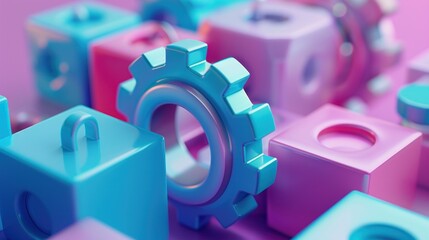 A Shiny Blue Gear Interlocking with Colorful Geometric Shapes