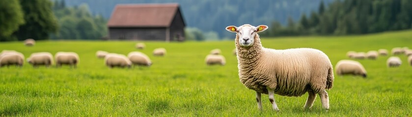 Obraz premium Sheep scattered across lush pasture, old barn nearby, idyllic farm setting