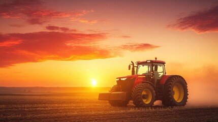 Fototapeta premium Silhouette of a tractor against a fiery sunset, dust cloud illuminated by the sun, powerful and dramatic farming imagery